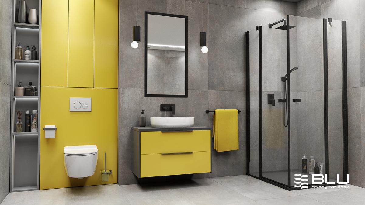Kolory Illuminating Yellow i Ultimate Gray w łazience.